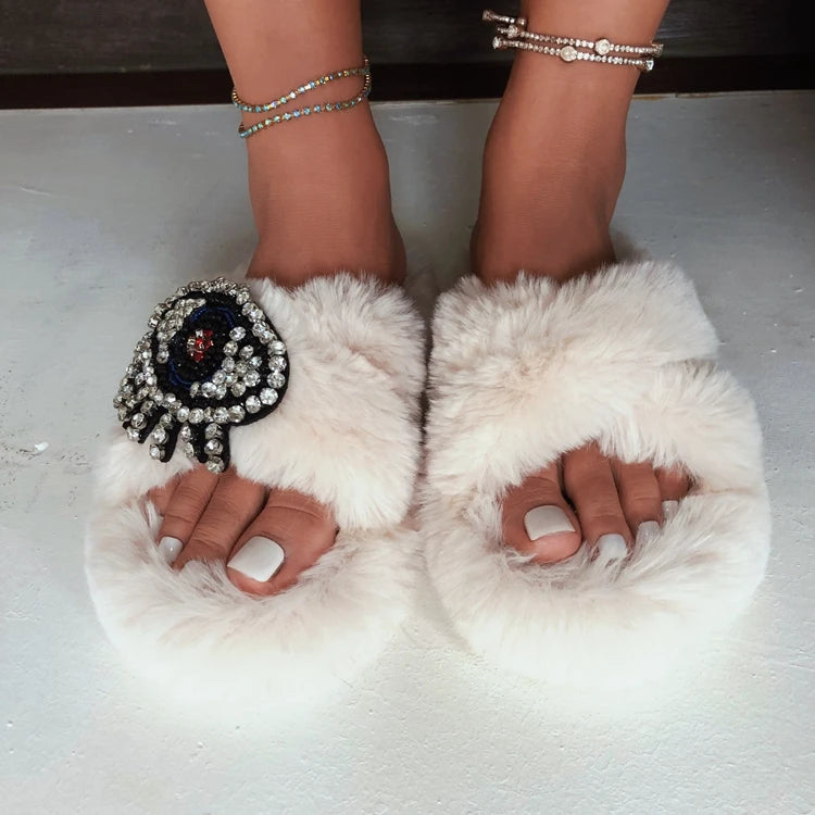High Quality Women Shoes Glitter Sandal Women Imitation Fur Velvet Slippers Teardrop Eyes Ethnic Beaded Diamond Wool Slides