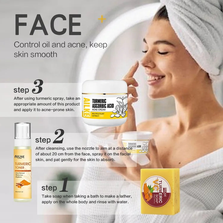Ailke OEM Beauty Product Tumeric Skin Care Whitening Cream Set Anti Acne Brightening Skin Care Set