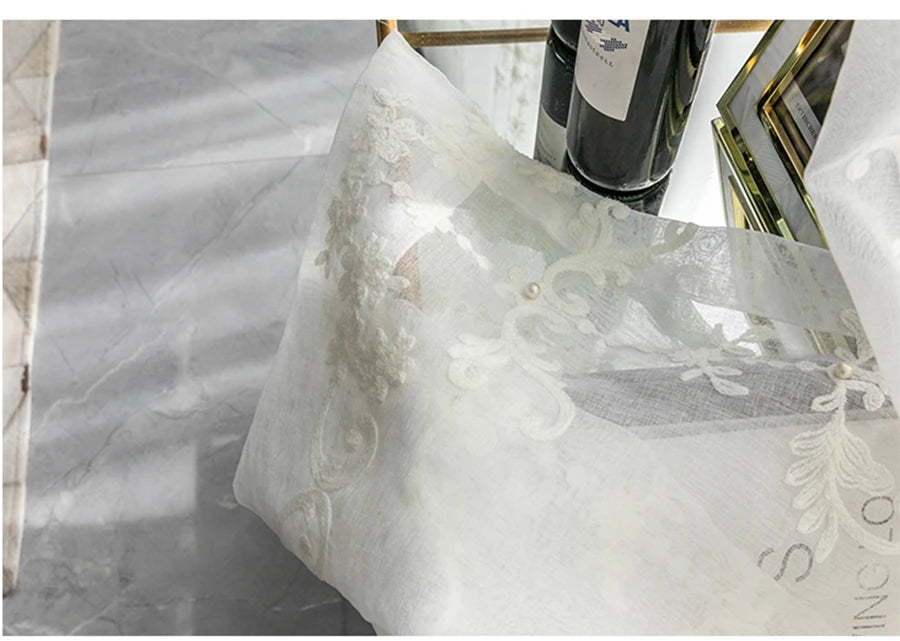 White Elegant Lxury Curtains, Tulle Contain Pearls Embroidery Beads Window Drapes ,Curtain Volie Sheer for Living Room Finished