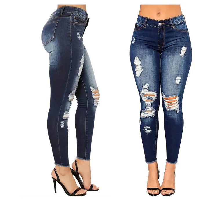 Women's Elegant Light Blue Ripped Skinny Jeans Long Legging Pencil Denim Pants with Casual Style Soft Stretchy Waist Logo