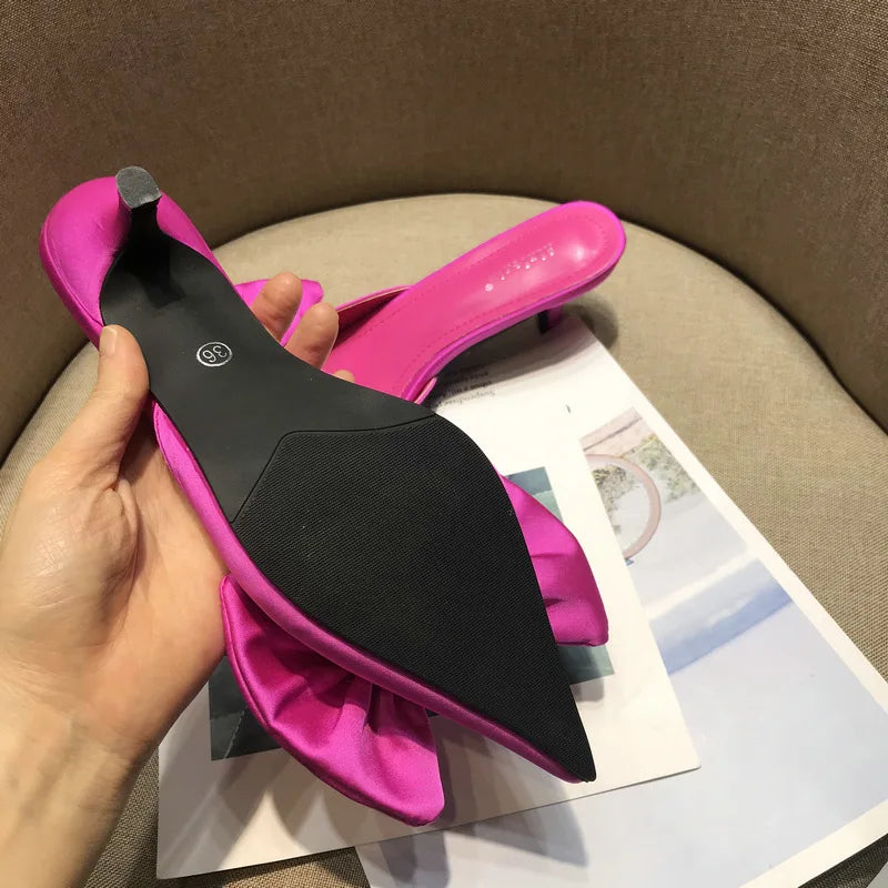Hot Pink 2022 New Fashion Pointy Toe Silk Low Heels Sandal Women Slip on Mules