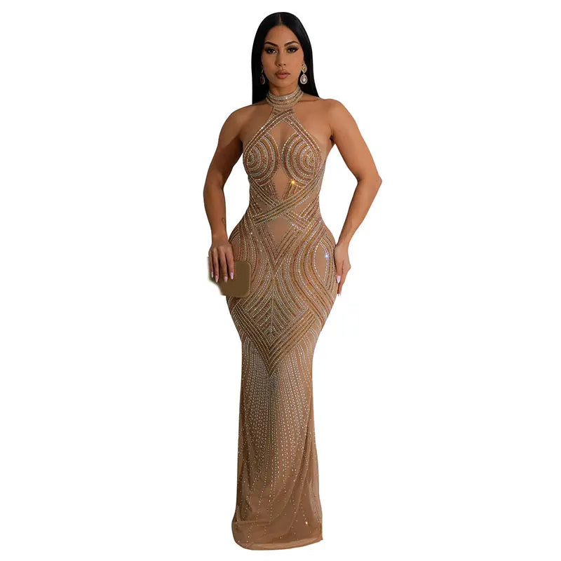 Luxury Sweep Train Halter Sleeveless Party Dress Trumpet Fishtail Ball Gown Evening Dresses Ladies Women