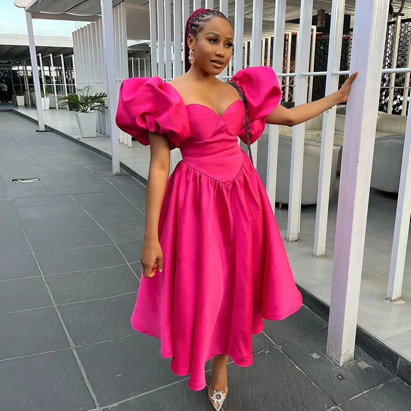 New Women's Clothing High Quality Women Casual Dresses Ladies Stylish Puff Sleeve Solid Waist Midi Dress