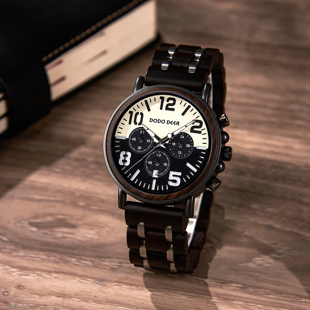 Black Sandal Wood Watch Quartz Chrono Men Wristwatch Multifunctional Stop Watch