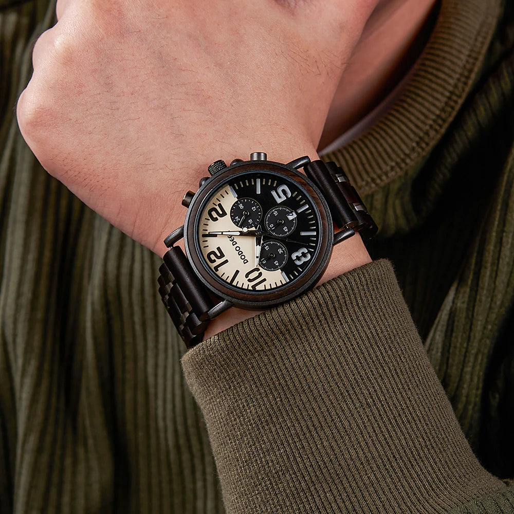 Black Sandal Wood Watch Quartz Chrono Men Wristwatch Multifunctional Stop Watch