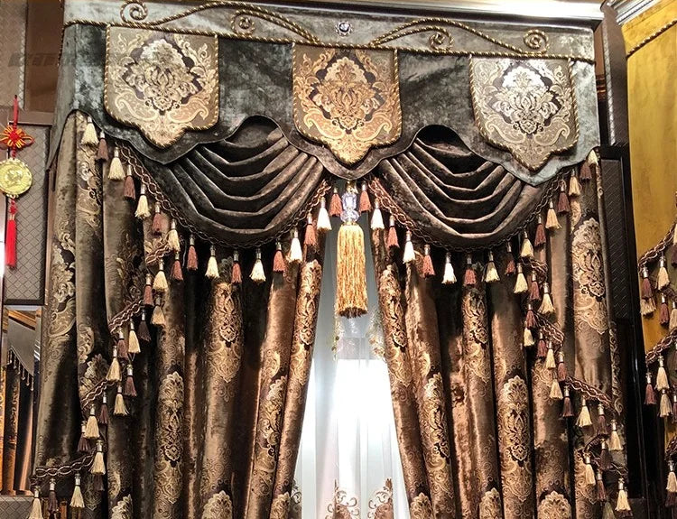 European Curtains for Living Room Dining Bedroom High Window Elegant Palace Luxury Print Velvet Curtain Carved Gold Curry Villa