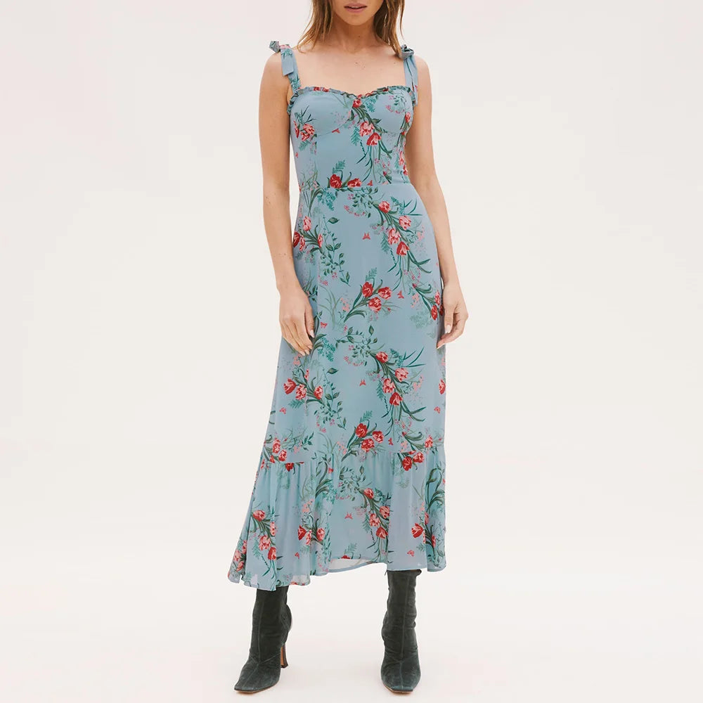 Dresses For Women 2021 Party Elegant Ruffle Hem Beach Summer Dress Sweetheart Neck Tie Strap Tropical Print Chiffon Midi Dress