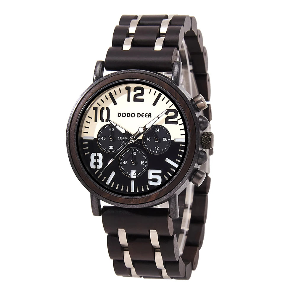 Black Sandal Wood Watch Quartz Chrono Men Wristwatch Multifunctional Stop Watch