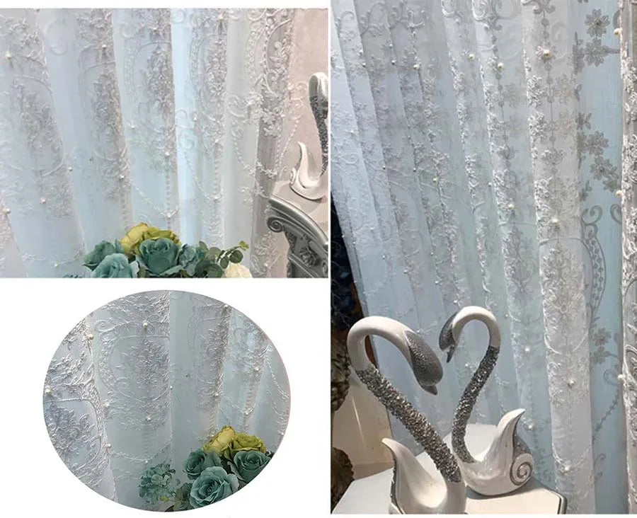 White Elegant Lxury Curtains, Tulle Contain Pearls Embroidery Beads Window Drapes ,Curtain Volie Sheer for Living Room Finished