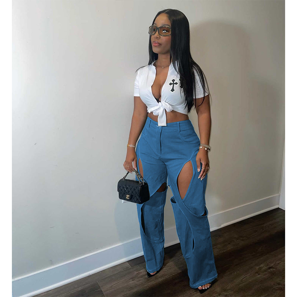 Blue Green Contrast Color Patchwork Wide Leg Trousers for Women High Waist Button Zipper Closure Hollow Out Straight Leg Pants