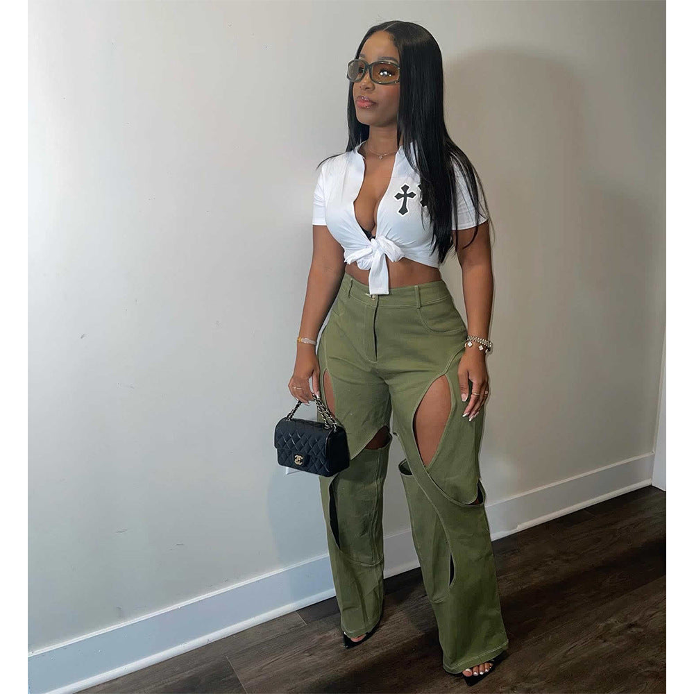 Blue Green Contrast Color Patchwork Wide Leg Trousers for Women High Waist Button Zipper Closure Hollow Out Straight Leg Pants