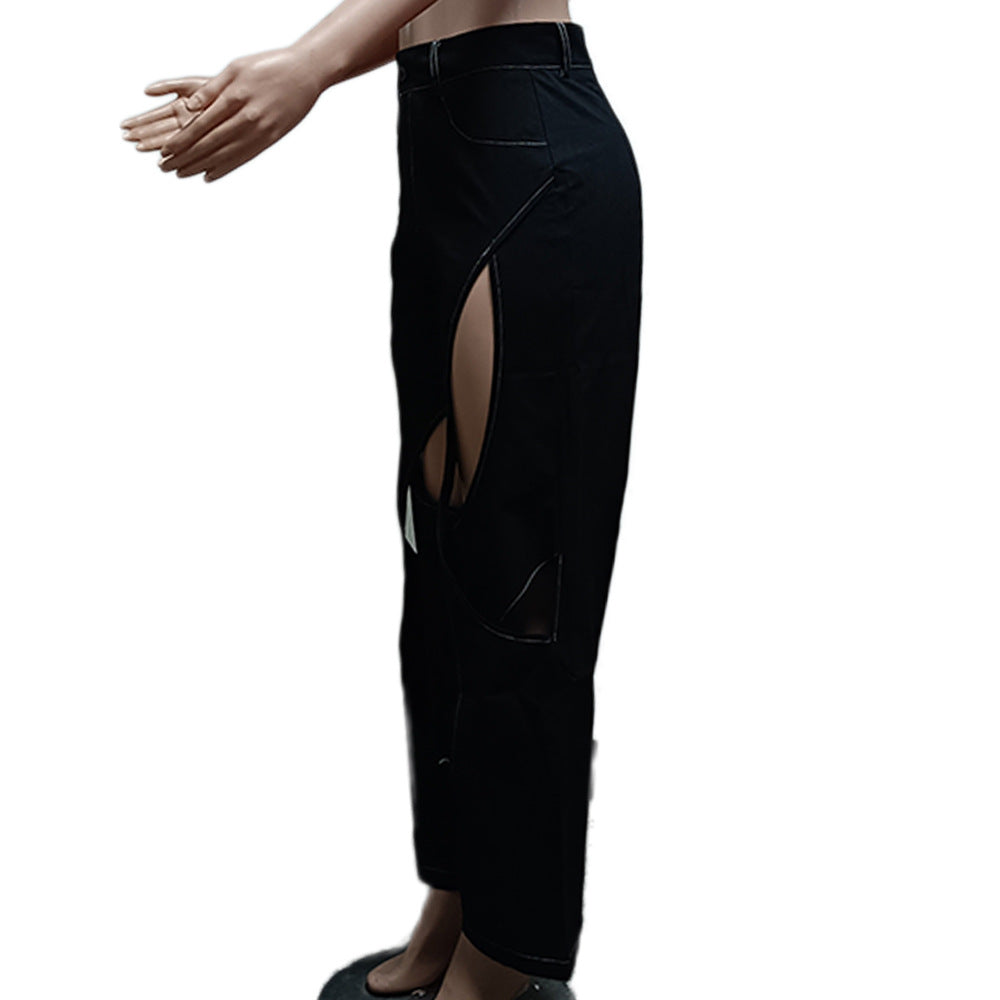 Blue Green Contrast Color Patchwork Wide Leg Trousers for Women High Waist Button Zipper Closure Hollow Out Straight Leg Pants