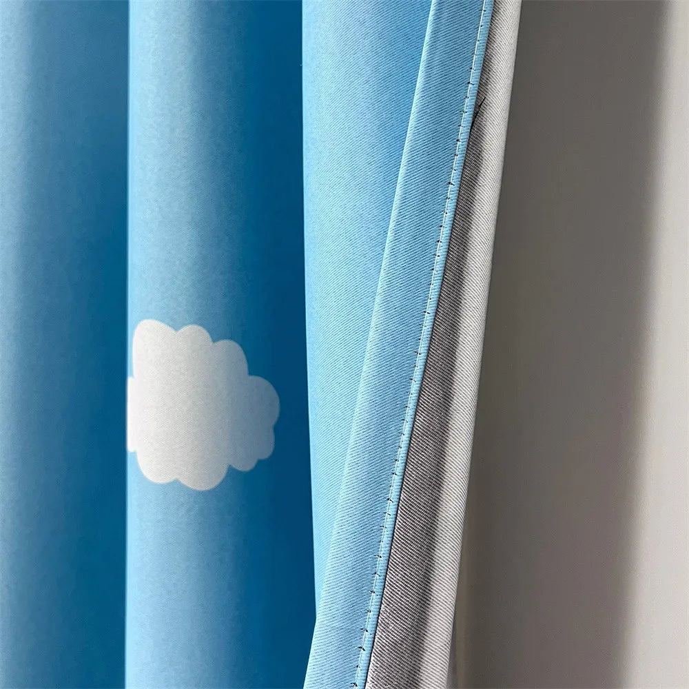 Blue Cartoon Curtains for Kids Bedroom Cloud Printed Curtains for Living Room Nursery Room Semi-Blackout Window Panel Drapes
