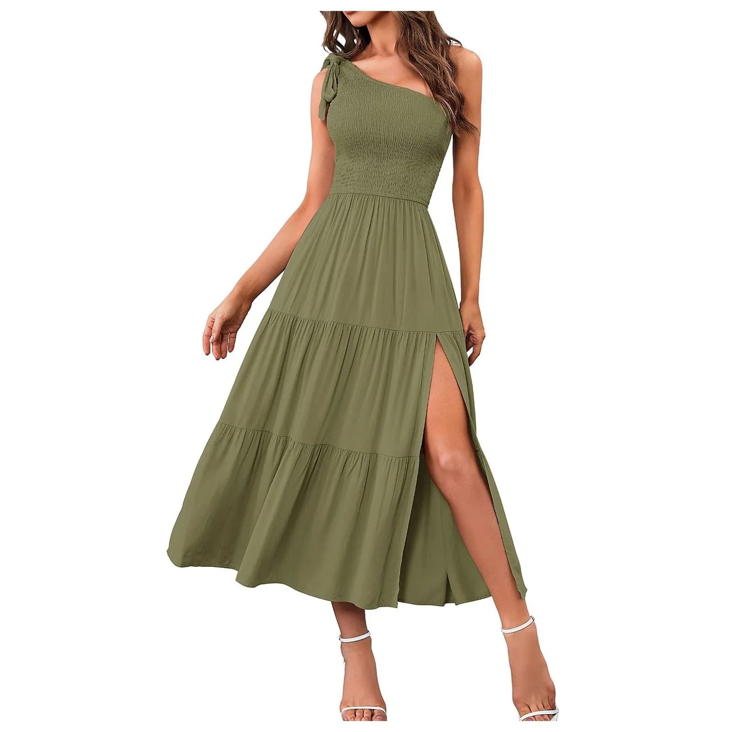Elegant Dresses For Women Women'S Summer Casual One Shoulder Sleeveless Smocked Elastic Waist Tiered Midi Dress платье