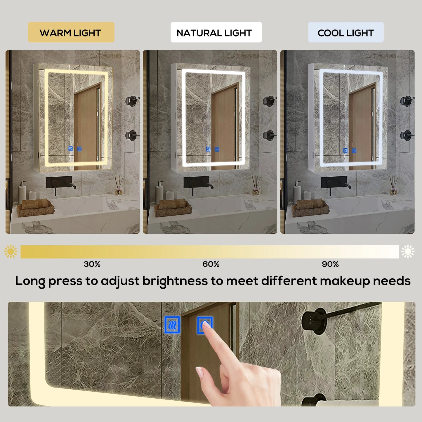 VOWNER Bathroom Medicine Cabinet with LED Lights and Mirror,  with Adjustable Shelf, Defogger, Memory 3-Color Mode, Dimmer