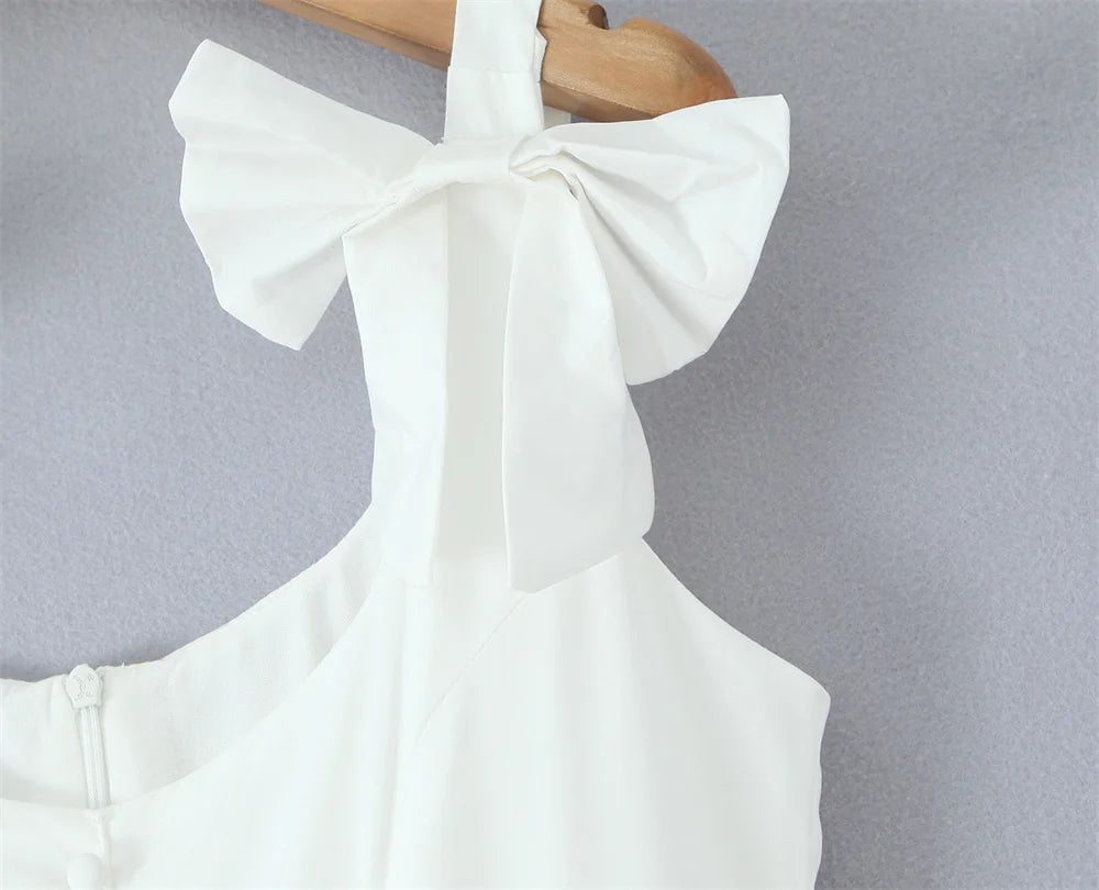 Women's Dress 2025 New Fashion Summer  White Bow Midi Dresses for Women Elegant Chic Ladies Dress