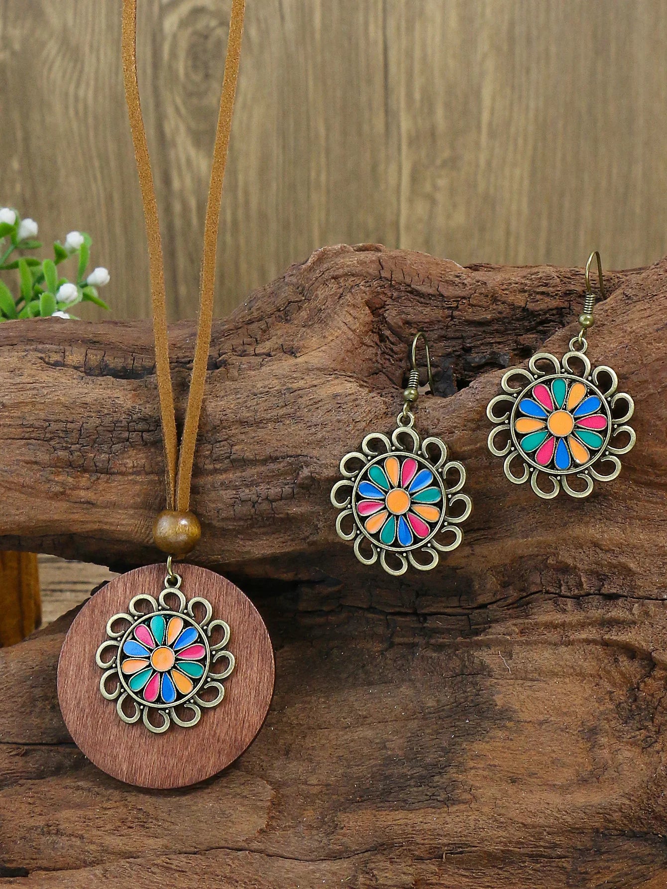 Vintage Accessories Sweater Chain Rice Beads Geometric Pattern Round Wood Piece Long Necklace Earrings Set Necklace