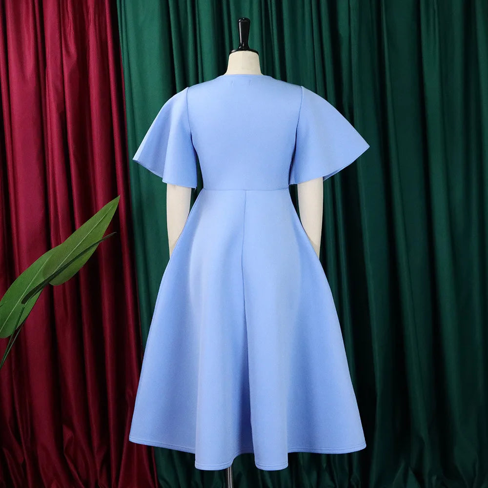 Elegant Party Dresses for Women V Neck Ruffles Sleeve High Waisted Pleated Mid Calf Luxury Birthday Dinner Vestidos Mujer Dress