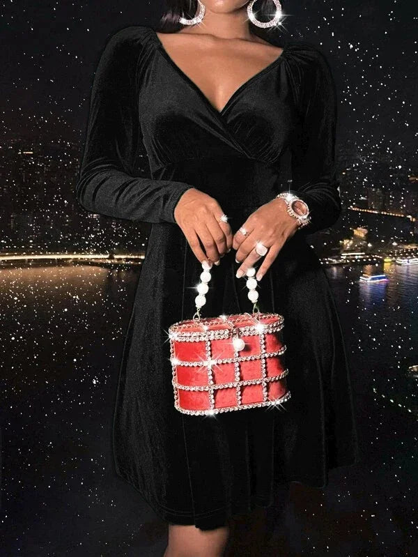 Dresses for Women 2025 Autumn Black Long Sleeve Women Dress Elegant V-Neck Slim A-LINE Dress Women Vestidos De Verano Mujer Q40