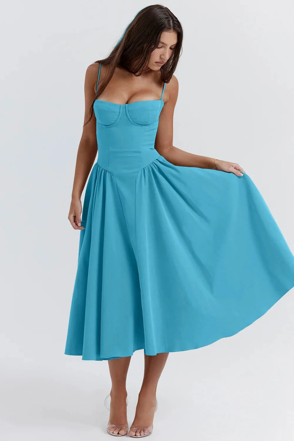 New Suspender Slim Backless Midi Dress Women Elegant Sleeveless Solid Large Hem A Line Dresses Summer Female Party Evening Robes