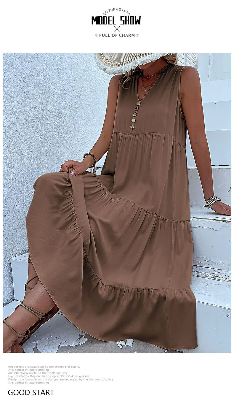 Dresses for Women 2025 Summer V-neck Single-breasted Vest Dress Sleeveless Loose Casual Solid Color Dress Vestidos De Mujer