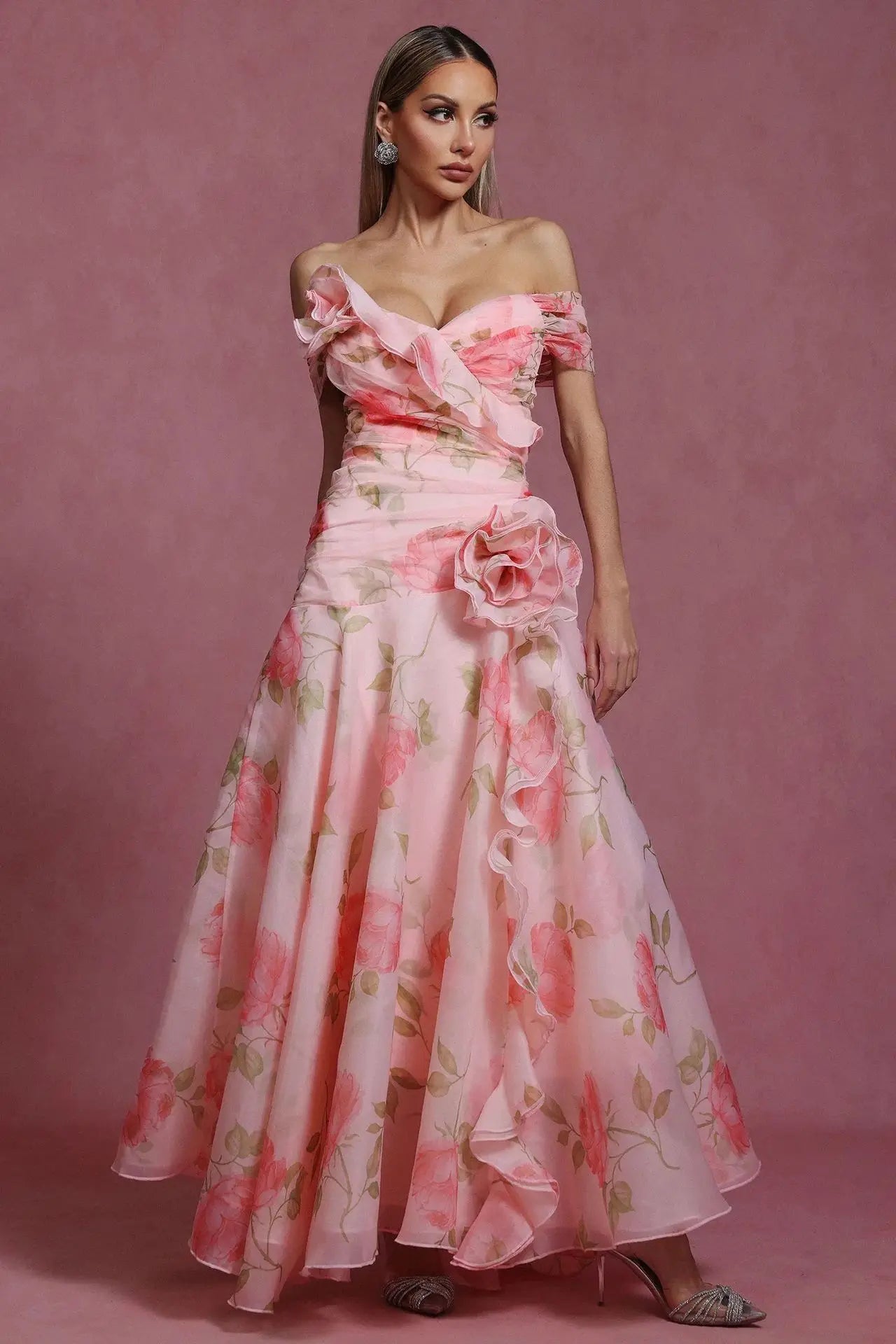 Evening Dresses for Women Sweet Floral Printing Slash Neck Short Sleeve High Waist Spliced Appliques Long Party Dress Female