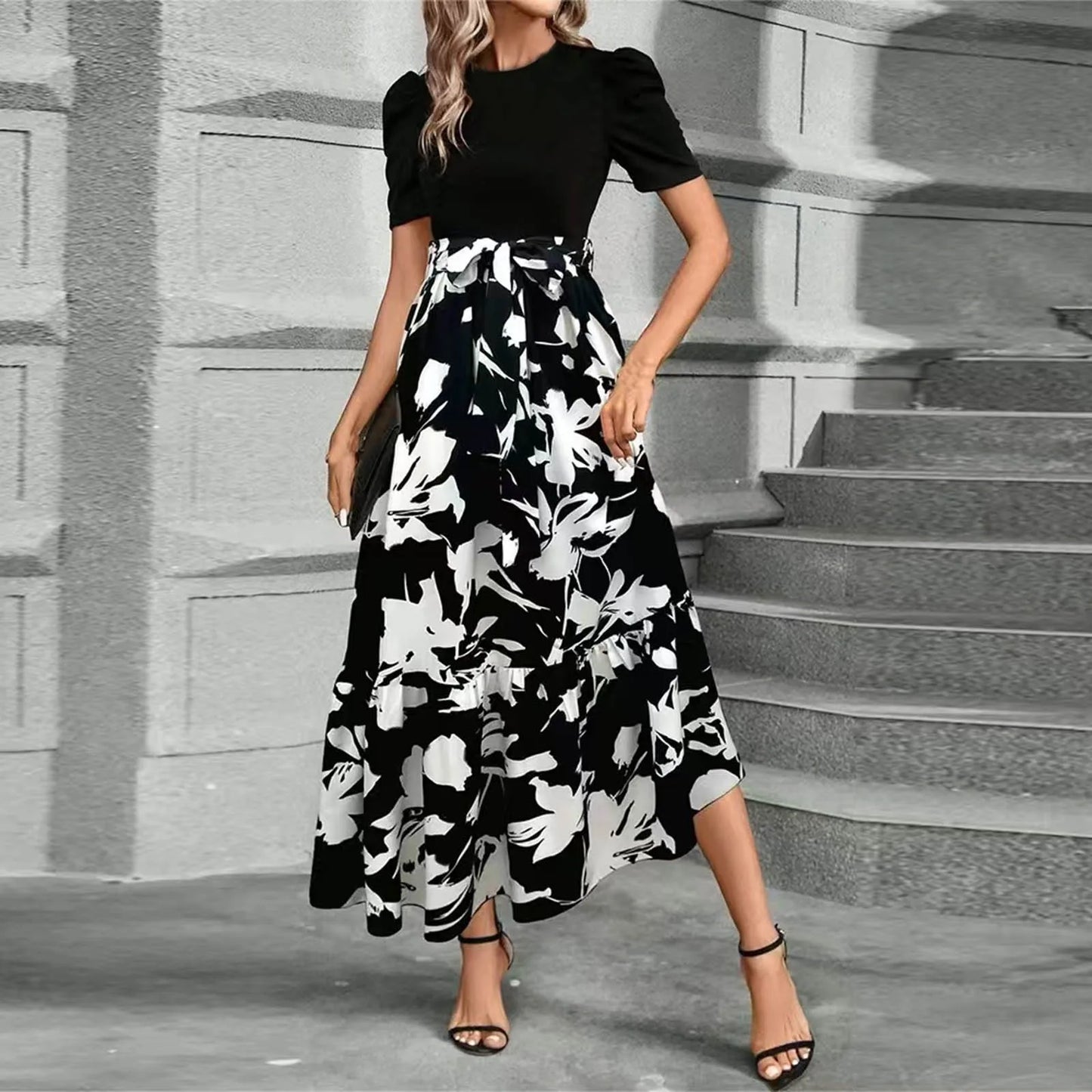 Dresses Elegant Office Lady Outfits A-line Lace-up Slim Fit Waist Ruffle Hem Skirt Women Dress Summer vestidos de mujer casuales