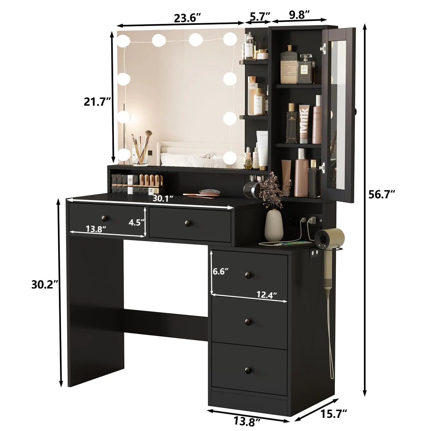 Vabches Vanity Desk with Mirror Lights Makeup Vanity Table with Power Strip&Visible Storage Cabinet Wood 5 Drawer Dressing Table
