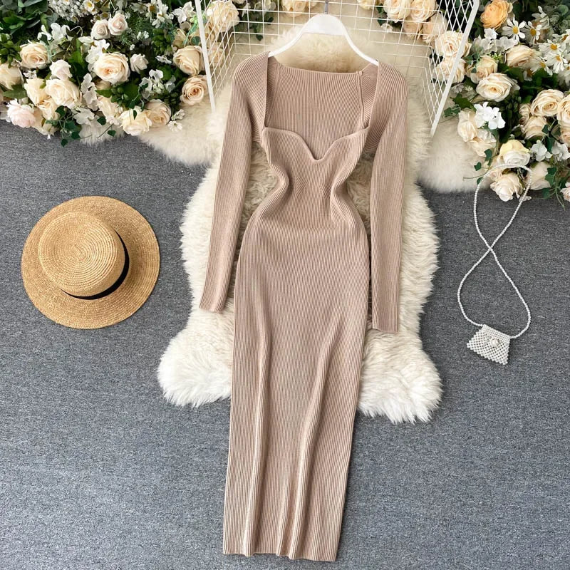Dresses For Women 2026 Sexy Strapless Ribbed Knitted Bodycon Dress Women Winter Long Sleeve Midi Sweater Dress Clothes