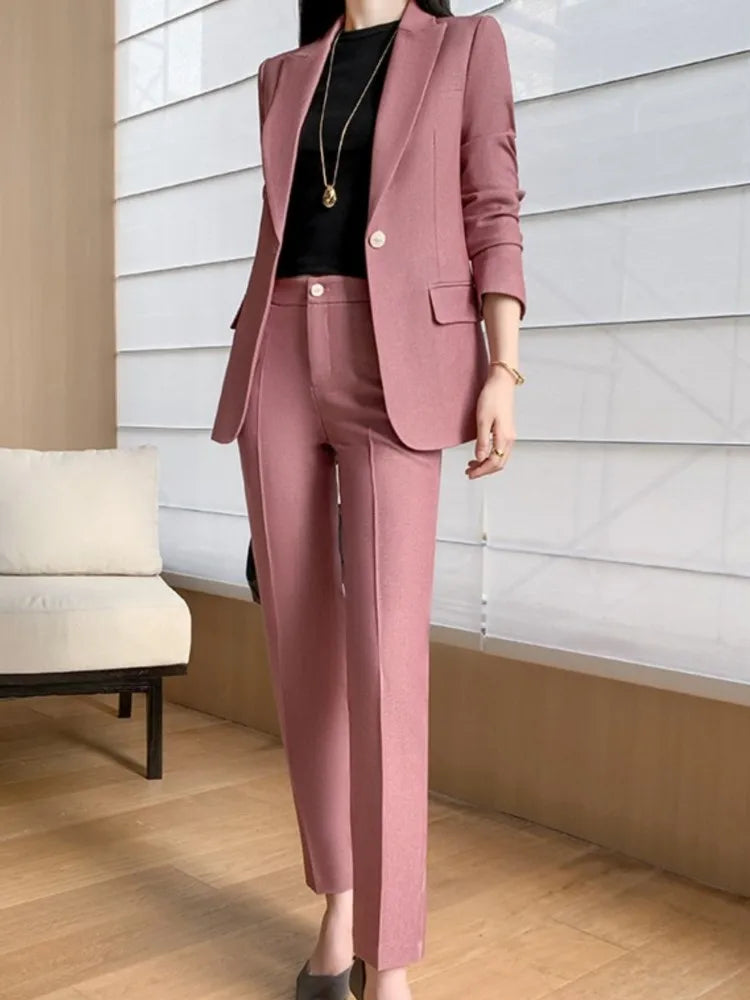 Fashion New Women Vintage Formal Solid Pantsuit Elegant Chic Blazer Coat Straight Pants Outfits Female Interview Two Pieces Set