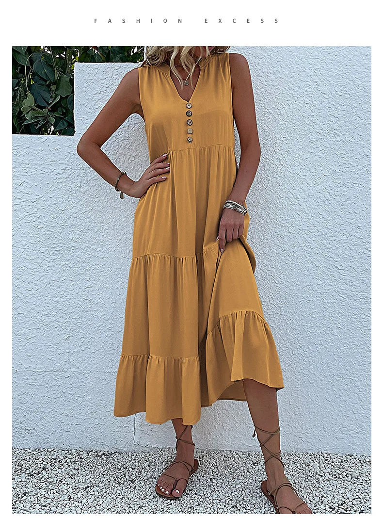 Dresses for Women 2025 Summer V-neck Single-breasted Vest Dress Sleeveless Loose Casual Solid Color Dress Vestidos De Mujer