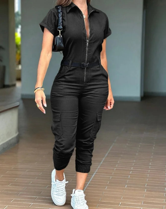 Sexy Elegant New Fashion 2024 Summer Casual Female Clothing Outfits Solid Color Short Sleeved High Waisted Workwear Jumpsuit