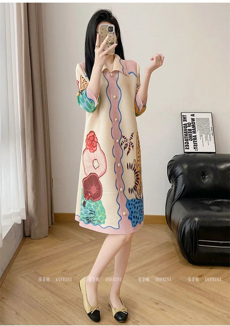 Womens Dresses Evening Dresses Beautiful Lssey Miyake Pleated Dress Summer new Fashion Lapel Loose Slim Long Print Fat mm Skirt