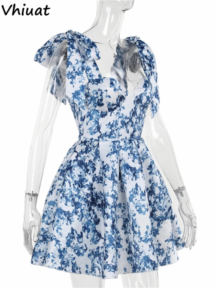 Vhiuat Blue Floral Print Cute Elegant Off Shoulder Mini A-Line Dress Lace Up Fashion Women Party Evening Dresses Summer 2024