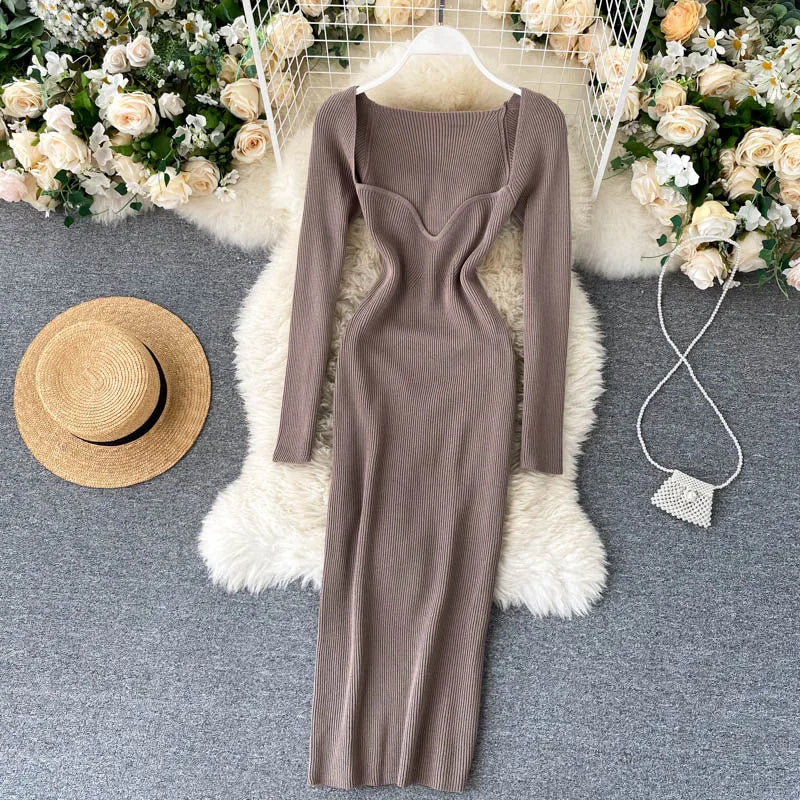 Dresses For Women 2026 Sexy Strapless Ribbed Knitted Bodycon Dress Women Winter Long Sleeve Midi Sweater Dress Clothes
