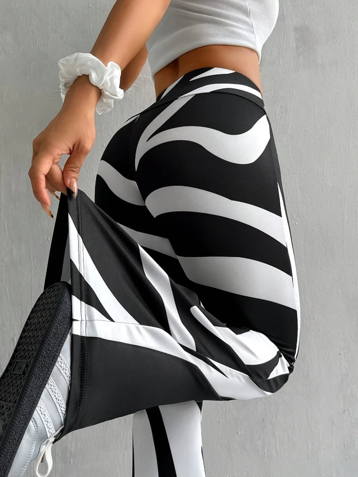 2025 Women Casual Joggers Tech Pants Fashionable Printed High Waisted Casual Flared Pants for Women