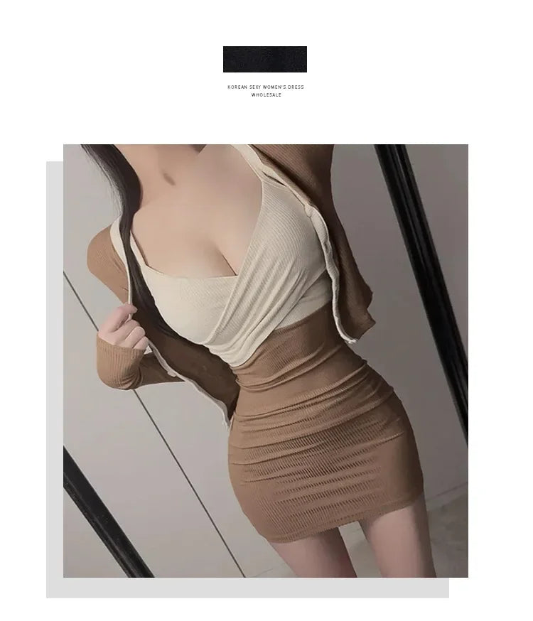 Korean Dongdaemun Slim Fit Sexy Pure Desire Wrap Body Strap Dress Long Sleeve Cardigan Two Piece Set Women's Fashion Outfit