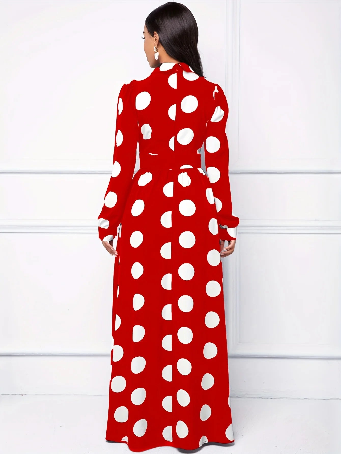 Casual Dresses Elegant Women Long Dress Sleeve Female Robe Bow Knot Polka Dots Girl's Vestidos Lady's Maxi Dresses