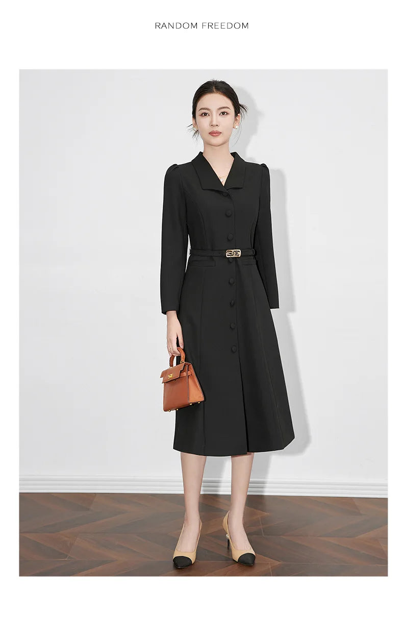 Dresses For Women 2024 Luxury Brand Autumn Long Dress Women's Turn-down Collar Sleeves Single Breasted Sashes Office Lady