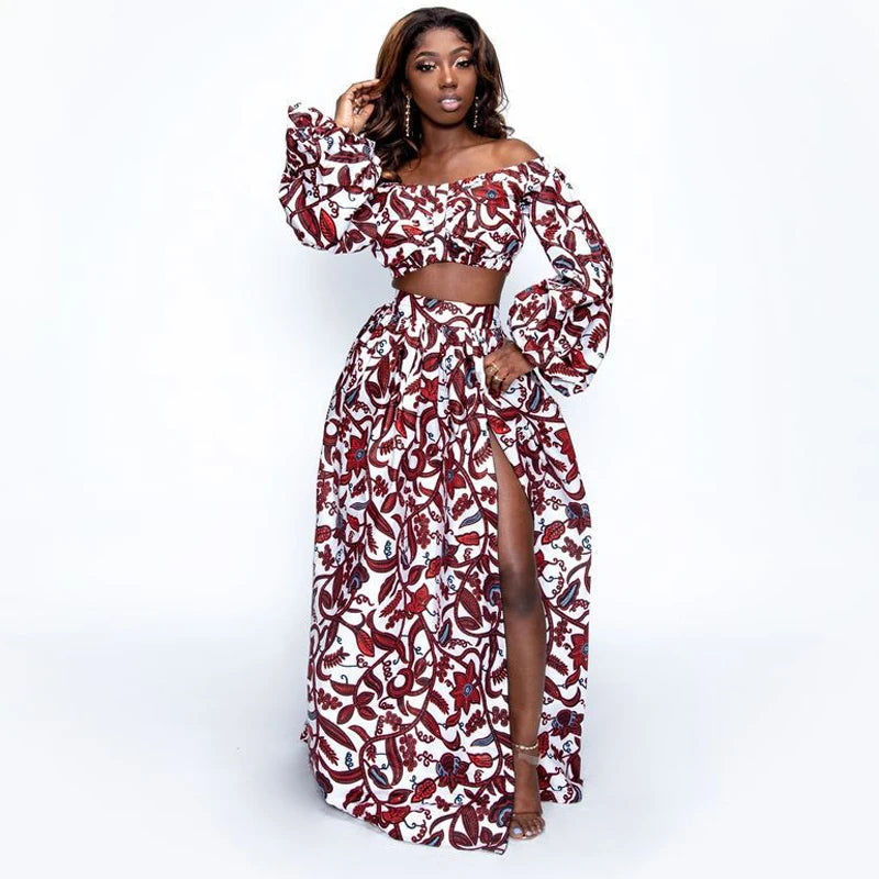 African Dresses for Women Autumn 2-piece Set Lady Full Sleeve Shoulder Off Festher Dashiki Print Split Skirts Africna Clothes