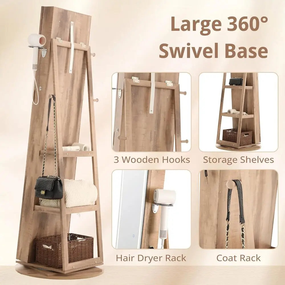 IRONCK LED Mirror Jewelry Cabinet Standing,360° Swivel Lockable Jewelry Armoire with Full Length Mirror and Adjustable LED Light