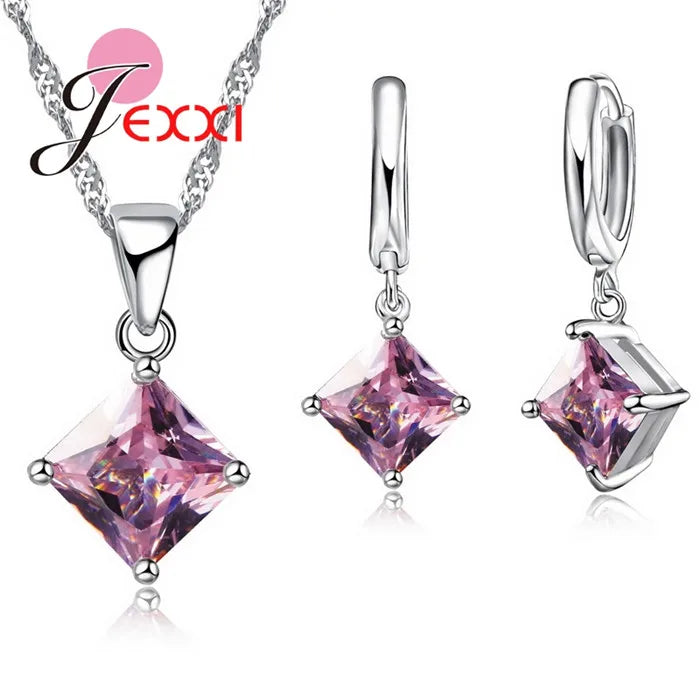 Women Accessories Pendant Necklace Earrings  Jewelry Set Girl Square Shinny CZ Crystal  Pendant 925 Sterling Silver