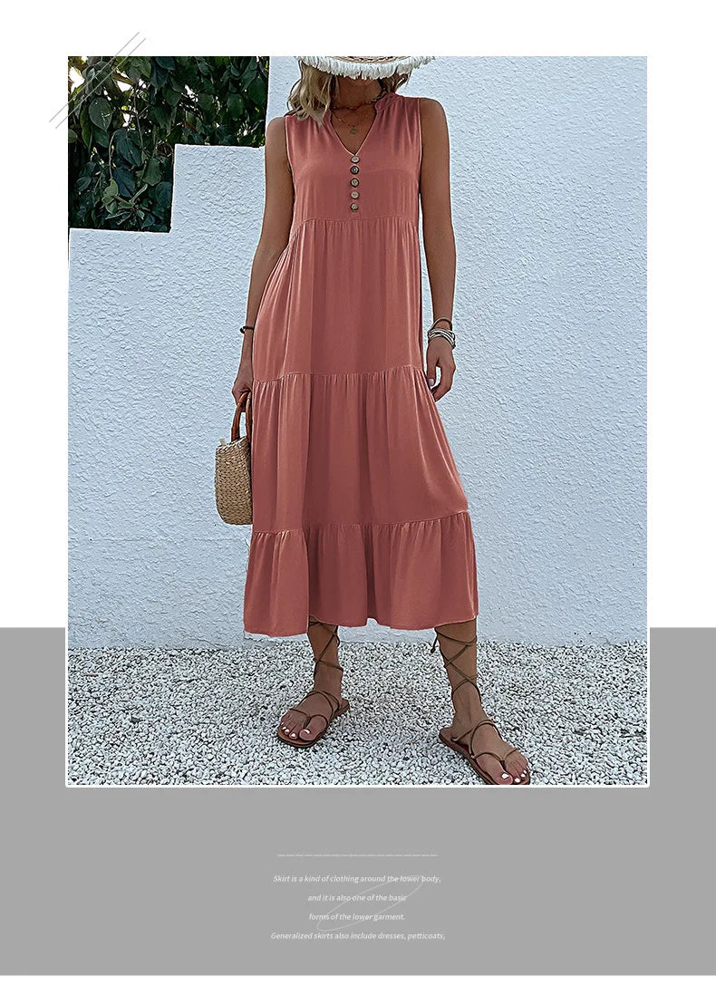 Dresses for Women 2025 Summer V-neck Single-breasted Vest Dress Sleeveless Loose Casual Solid Color Dress Vestidos De Mujer