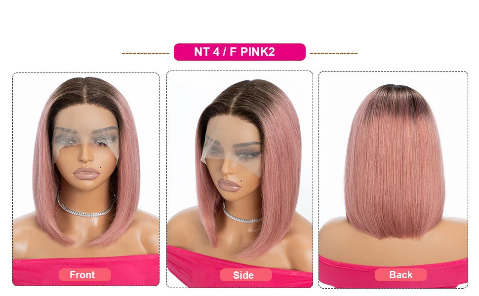 Colored Ombre Pink Bob T Part Lace Wigs Straight Human Hair Lace Front Wigs Pre Plucked Blonde Straight Lace Front Wigs
