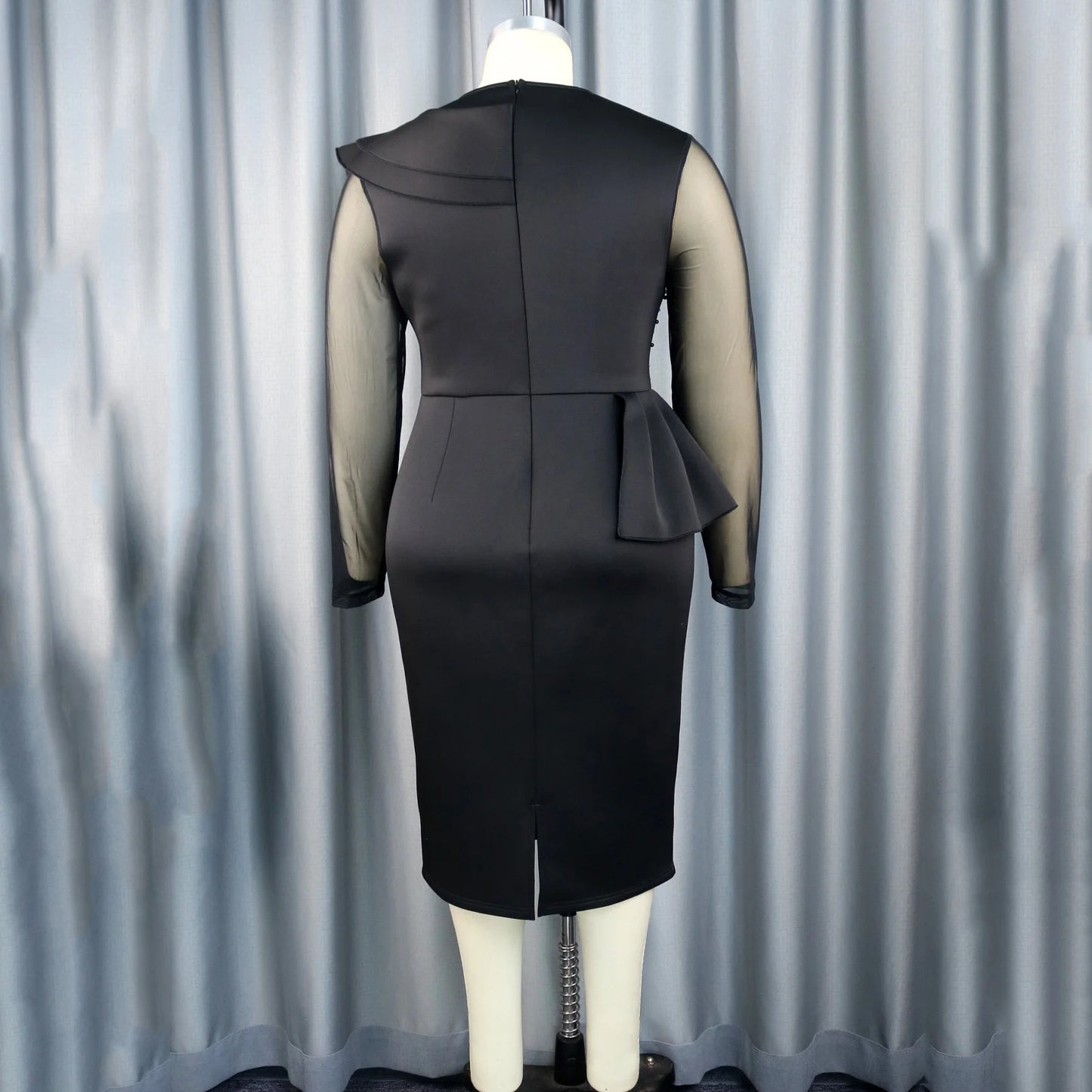 Elegant Dresses Woman 2024 Luxury O Neck Transparent Beaded Ruffles Full Sleeve Sheath Package Hips Mid Calf Birthday Party Robe