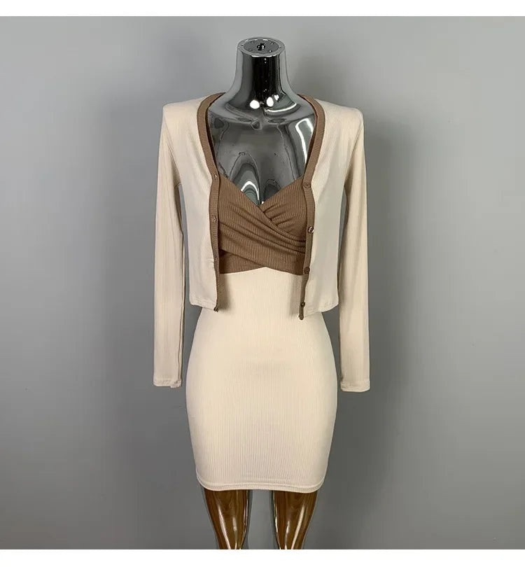Korean Dongdaemun Slim Fit Sexy Pure Desire Wrap Body Strap Dress Long Sleeve Cardigan Two Piece Set Women's Fashion Outfit
