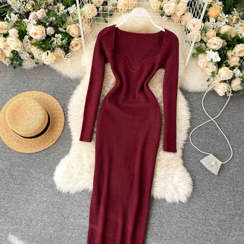 Dresses For Women 2026 Sexy Strapless Ribbed Knitted Bodycon Dress Women Winter Long Sleeve Midi Sweater Dress Clothes