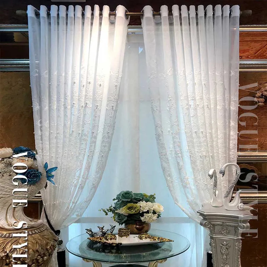 White Elegant Lxury Curtains, Tulle Contain Pearls Embroidery Beads Window Drapes ,Curtain Volie Sheer for Living Room Finished