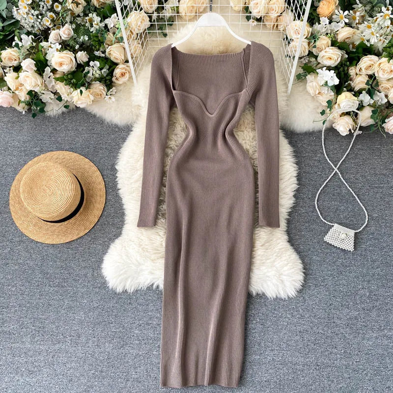 Dresses For Women 2026 Sexy Strapless Ribbed Knitted Bodycon Dress Women Winter Long Sleeve Midi Sweater Dress Clothes
