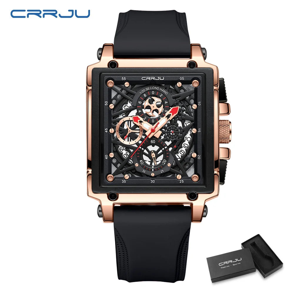 CRRJU Fashion Sports Watches with Large Dial Unique RectangularHollow Design Quartz Wristwatches with Chrongraph Auto Date